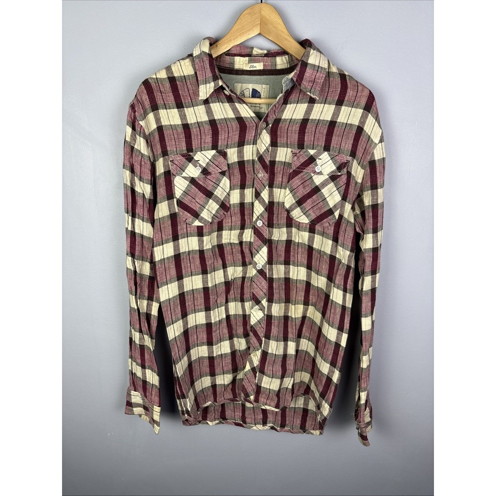 Americanino Long Sleeve Button Up Plaid Shirt Slim Fit Medium Linen Blend Italy